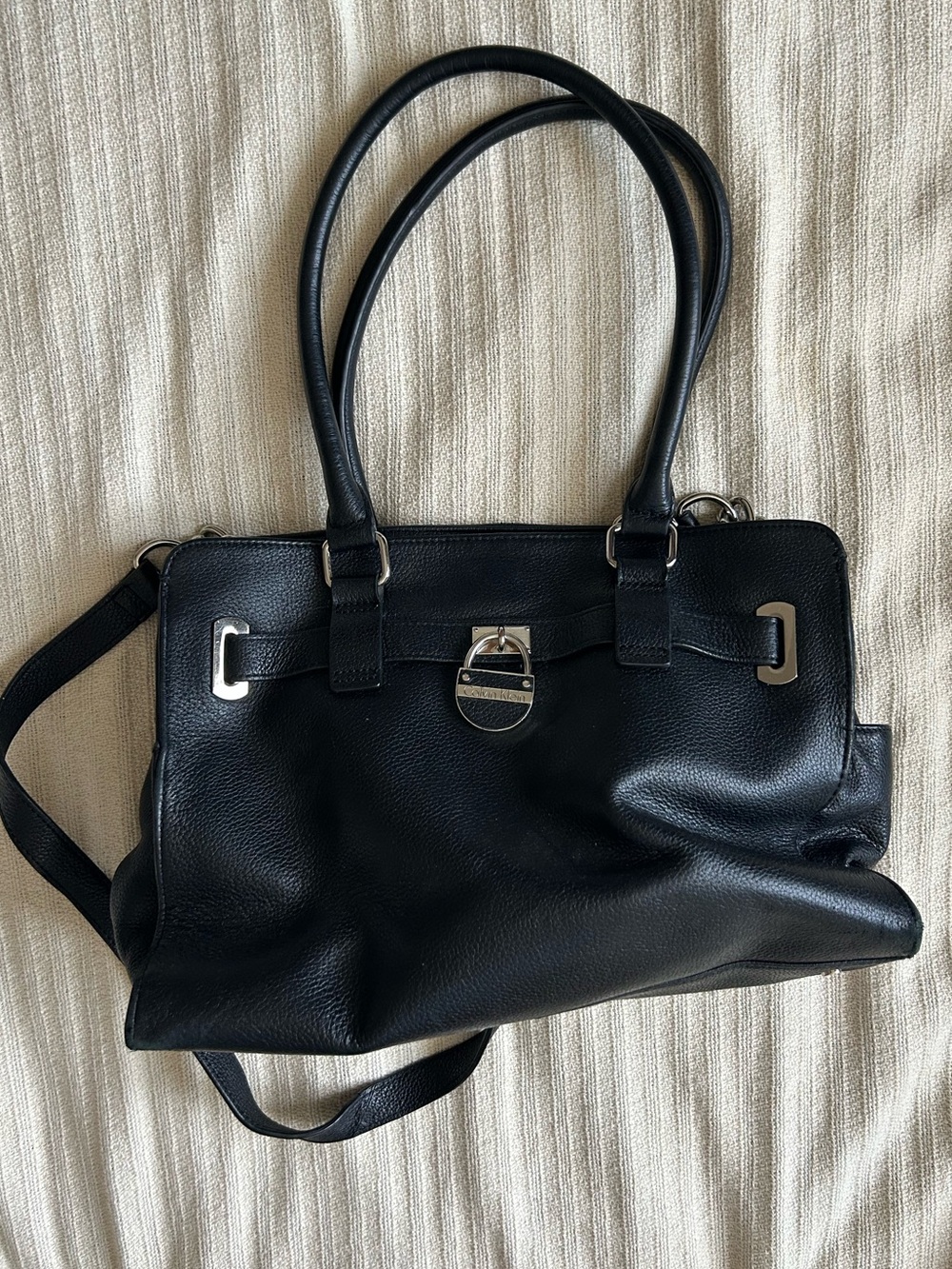Black Leather Calvin Klein Satchel Bag with Silver Hardware